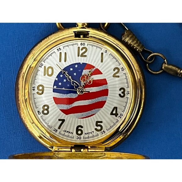 God Bless America Enduring Freedom Pocket Watch in box fresh battery gold tone - Picture 8 of 14